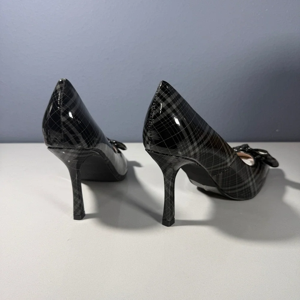 New York & Company Wendy Metal Accent Bow Pump Black Grey Plaid Stiletto Size 9‎